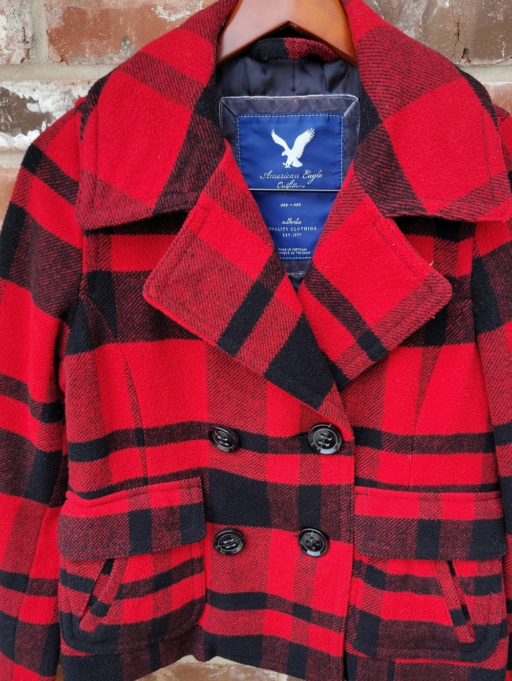 American Eagle Wool Blend Double Breasted Buffalo Plaid Pea Coat Size M Y2K - Picture 4 of 16